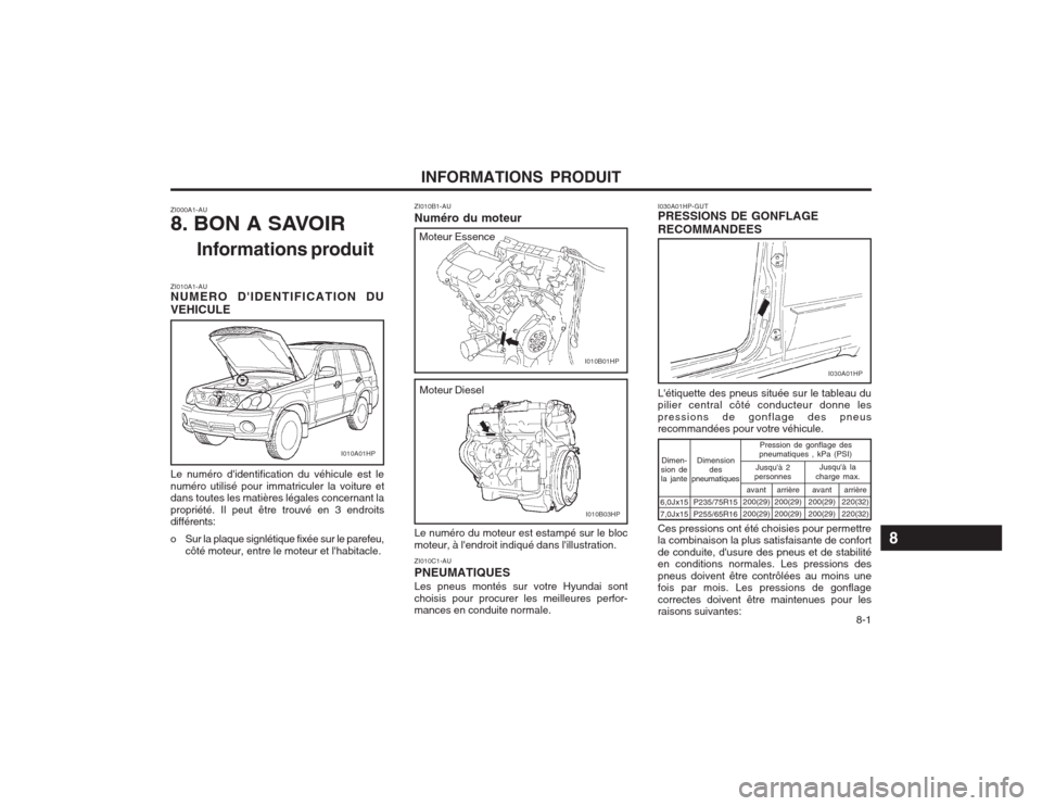 Hyundai Terracan 2003 Manuel du propriétaire (in French) INFORMATIONS PRODUIT 8-1
ZI000A1-AU
8. BON A SAVOIRInformations produit
ZI010A1-AU NUMERO DIDENTIFICATION DU VEHICULE Le numéro didentification du véhicule est le numéro utilisé pour immatricu Hyundai Terracan 2003 Manuel du propriétaire (in French) INFORMATIONS PRODUIT 8-1
ZI000A1-AU
8. BON A SAVOIRInformations produit
ZI010A1-AU NUMERO DIDENTIFICATION DU VEHICULE Le numéro didentification du véhicule est le numéro utilisé pour immatricu