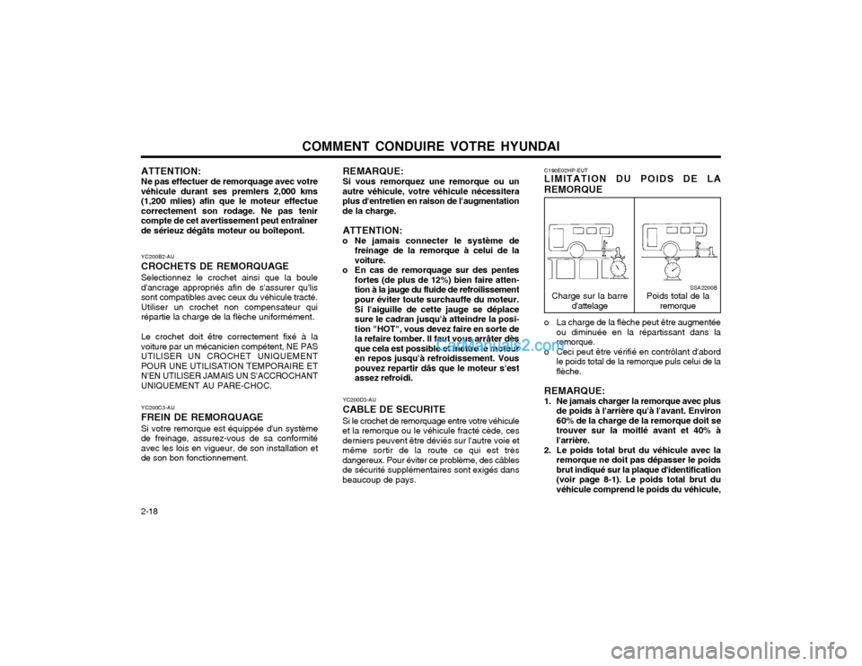 Hyundai Terracan 2002 Manuel du propriétaire (in French) COMMENT CONDUIRE VOTRE HYUNDAI
2-18 C190E02HP-EUT LIMITATION DU POIDS DE LA REMORQUE
Poids total de la
remorque
Charge sur la barre
dattelageSSA2200B
REMARQUE: Si vous remorquez une remorque ou un
au Hyundai Terracan 2002 Manuel du propriétaire (in French) COMMENT CONDUIRE VOTRE HYUNDAI
2-18 C190E02HP-EUT LIMITATION DU POIDS DE LA REMORQUE
Poids total de la
remorque
Charge sur la barre
dattelageSSA2200B
REMARQUE: Si vous remorquez une remorque ou un
au
