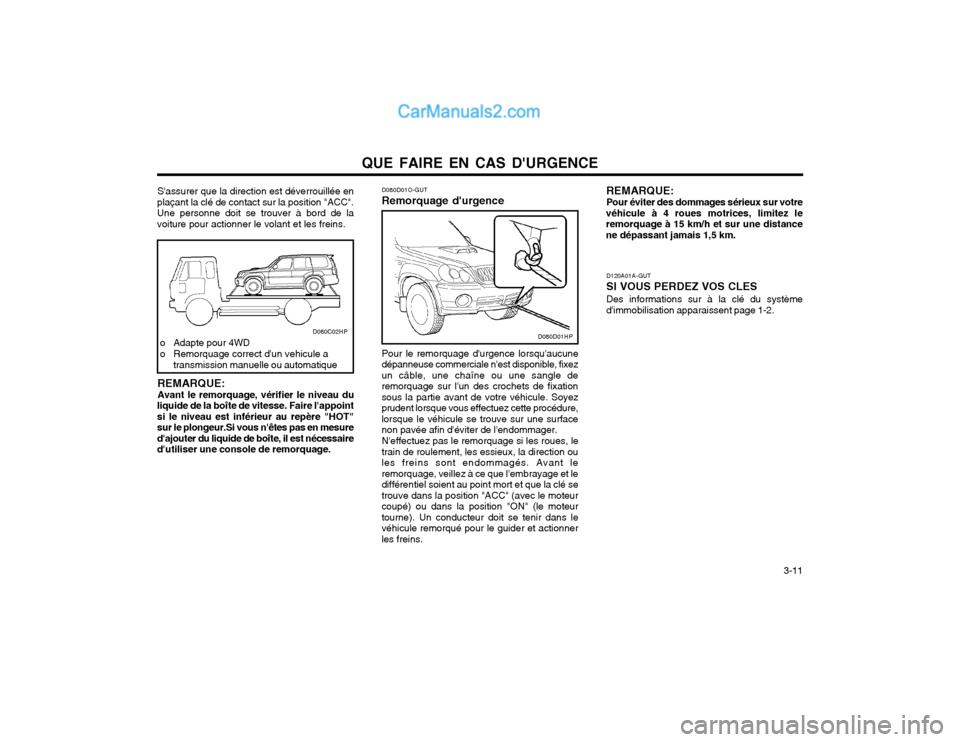 Hyundai Terracan 2002 Manuel du propriétaire (in French) QUE FAIRE EN CAS DURGENCE 3-11
REMARQUE: Avant le remorquage, vérifier le niveau du
liquide de la boîte de vitesse. Faire lappoint si le niveau est inférieur au repère "HOT"sur le plongeur.Si v Hyundai Terracan 2002 Manuel du propriétaire (in French) QUE FAIRE EN CAS DURGENCE 3-11
REMARQUE: Avant le remorquage, vérifier le niveau du
liquide de la boîte de vitesse. Faire lappoint si le niveau est inférieur au repère "HOT"sur le plongeur.Si v