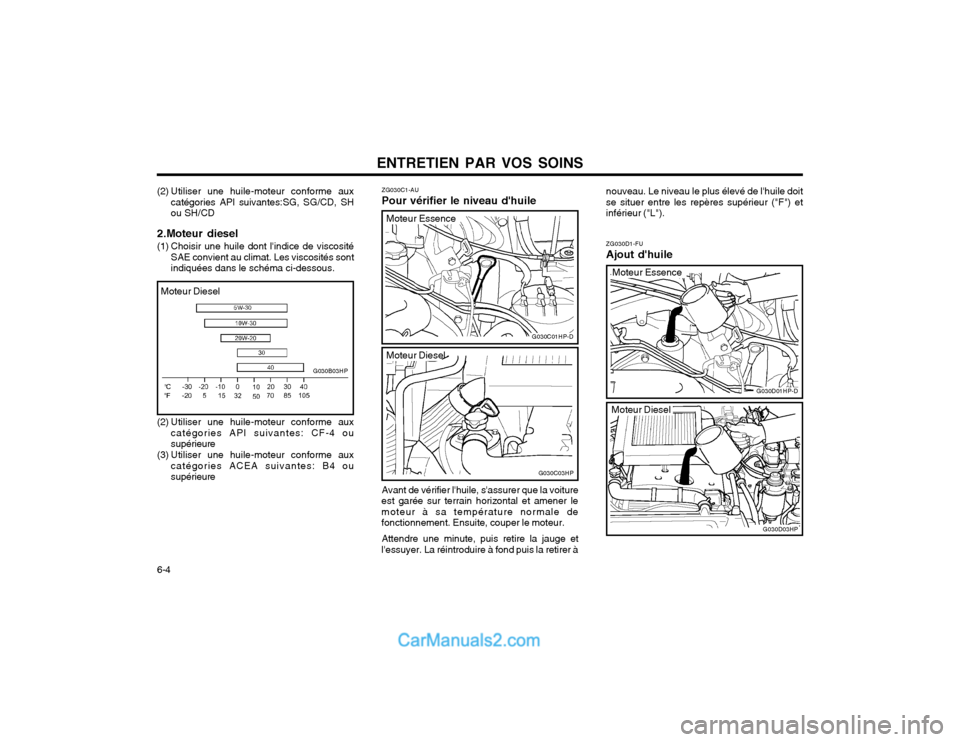 Hyundai Terracan 2002 Manuel du propriétaire (in French) ENTRETIEN PAR VOS SOINS
6-4
ZG030C1-AU Pour vérifier le niveau dhuile Avant de vérifier lhuile, sassurer que la voiture
est garée sur terrain horizontal et amener le moteur à sa température no Hyundai Terracan 2002 Manuel du propriétaire (in French) ENTRETIEN PAR VOS SOINS
6-4
ZG030C1-AU Pour vérifier le niveau dhuile Avant de vérifier lhuile, sassurer que la voiture
est garée sur terrain horizontal et amener le moteur à sa température no