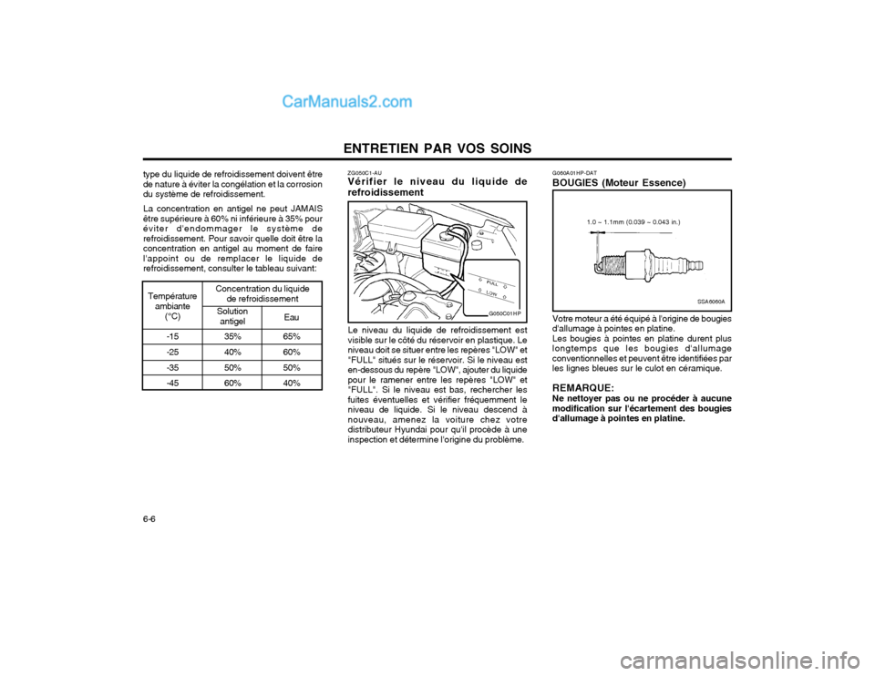 Hyundai Terracan 2002 Manuel du propriétaire (in French) ENTRETIEN PAR VOS SOINS
6-6
SSA6060A
1.0 ~ 1.1mm (0.039 ~ 0.043 in.)
ZG050C1-AU Vérifier le niveau du liquide de refroidissement
G050C01HP
65% 60% 50% 40%
Solution
antigel Eau
Concentration du liquid Hyundai Terracan 2002 Manuel du propriétaire (in French) ENTRETIEN PAR VOS SOINS
6-6
SSA6060A
1.0 ~ 1.1mm (0.039 ~ 0.043 in.)
ZG050C1-AU Vérifier le niveau du liquide de refroidissement
G050C01HP
65% 60% 50% 40%
Solution
antigel Eau
Concentration du liquid