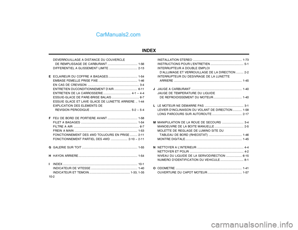 Hyundai Terracan 2002 Manuel du propriétaire (in French) INDEX
10-2 DEVERROUILLAGE A DISTANCE DU COUVERCLE
DE REMPLISSAGE DE CARBURANT ....................................1-56
DIFFERENTIEL A GLISSEMENT LIMITE ..................................2-13
E ECLAIR Hyundai Terracan 2002 Manuel du propriétaire (in French) INDEX
10-2 DEVERROUILLAGE A DISTANCE DU COUVERCLE
DE REMPLISSAGE DE CARBURANT ....................................1-56
DIFFERENTIEL A GLISSEMENT LIMITE ..................................2-13
E ECLAIR