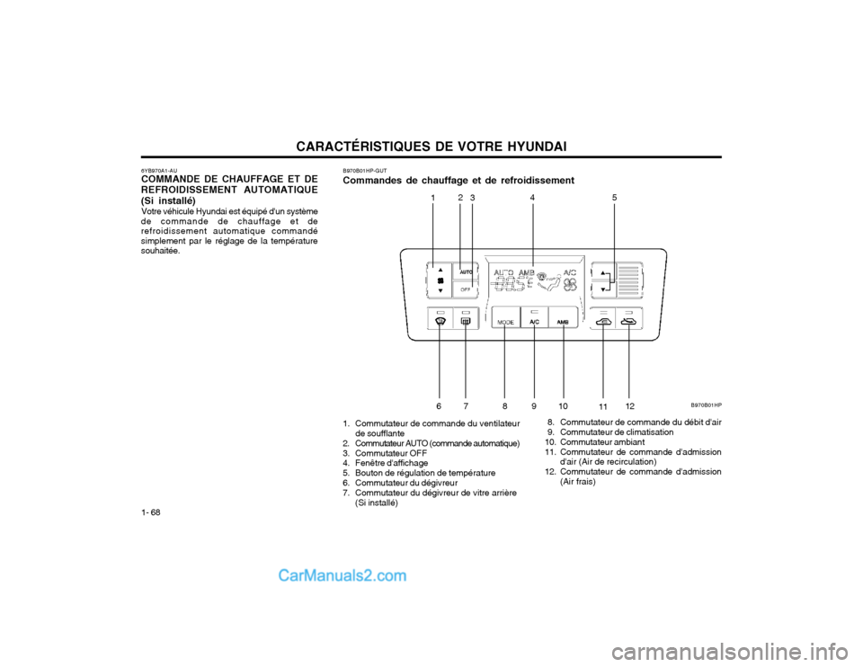 Hyundai Terracan 2002  Manuel du propriétaire (in French) CARACTÉRISTIQUES DE VOTRE HYUNDAI
1- 68
B970B01HP
1 2
3 45
67 8 91 0
1112
B970B01HP-GUT Commandes de chauffage et de refroidissement
6YB970A1-AU COMMANDE DE CHAUFFAGE ET DE
REFROIDISSEMENT AUTOMATIQU