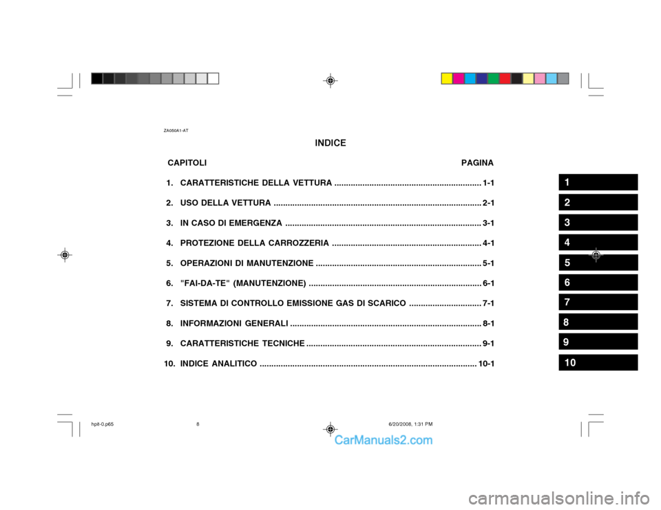 Hyundai Terracan 2002 Manuale del proprietario (in Italian) ZA050A1-ATINDICE
CAPITOLI PAGINA
1. CARATTERISTICHE DELLA VETTURA............................. Hyundai Terracan 2002 Manuale del proprietario (in Italian) ZA050A1-ATINDICE
CAPITOLI PAGINA
1. CARATTERISTICHE DELLA VETTURA.............................