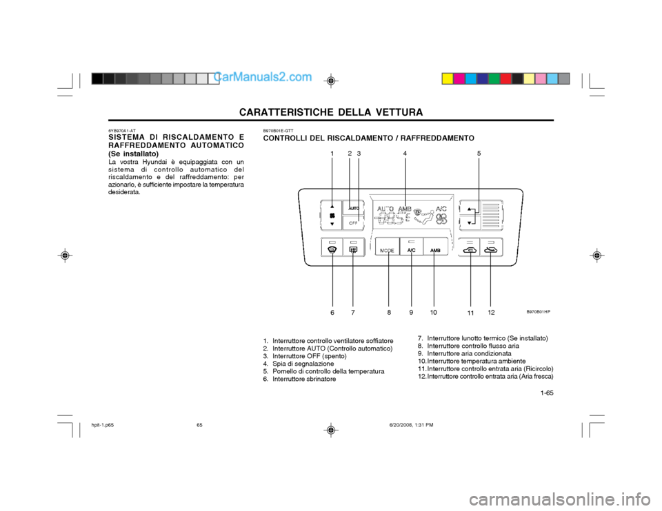 Hyundai Terracan 2002  Manuale del proprietario (in Italian) CARATTERISTICHE DELLA VETTURA  1-65
B970B01E-GTT CONTROLLI DEL RISCALDAMENTO / RAFFREDDAMENTO
1. Interruttore controllo ventilatore soffiatore 
2. Interruttore AUTO (Controllo automatico)
3. Interrutt