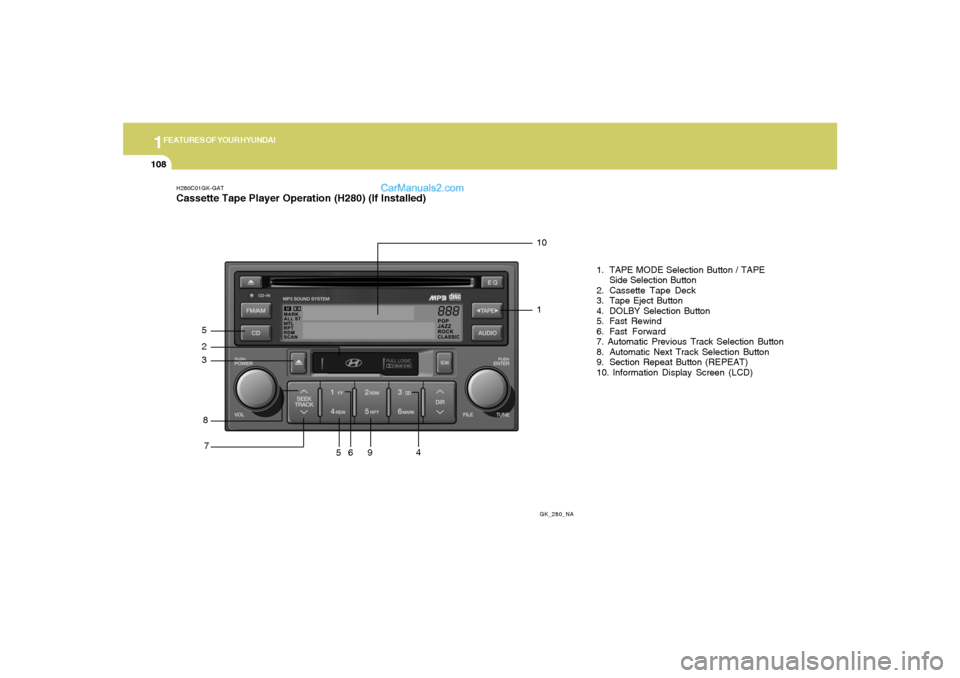 Hyundai Tiburon 2008  Owners Manual 1FEATURES OF YOUR HYUNDAI
108
H280C01GK-GATCassette Tape Player Operation (H280) (If Installed)
GK_280_NA
8 5
710
61. TAPE MODE Selection Button / TAPE
Side Selection Button
2. Cassette Tape Deck
3. T
