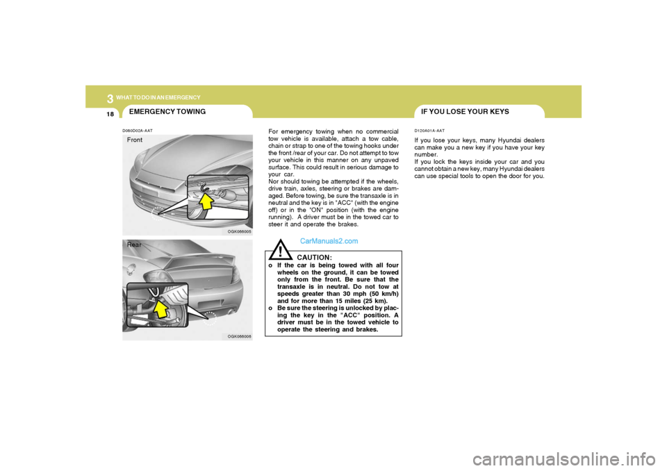 Hyundai Tiburon 2008  Owners Manual 318
WHAT TO DO IN AN EMERGENCY
IF YOU LOSE YOUR KEYSD120A01A-AATIf you lose your keys, many Hyundai dealers
can make you a new key if you have your key
number.
If you lock the keys inside your car and