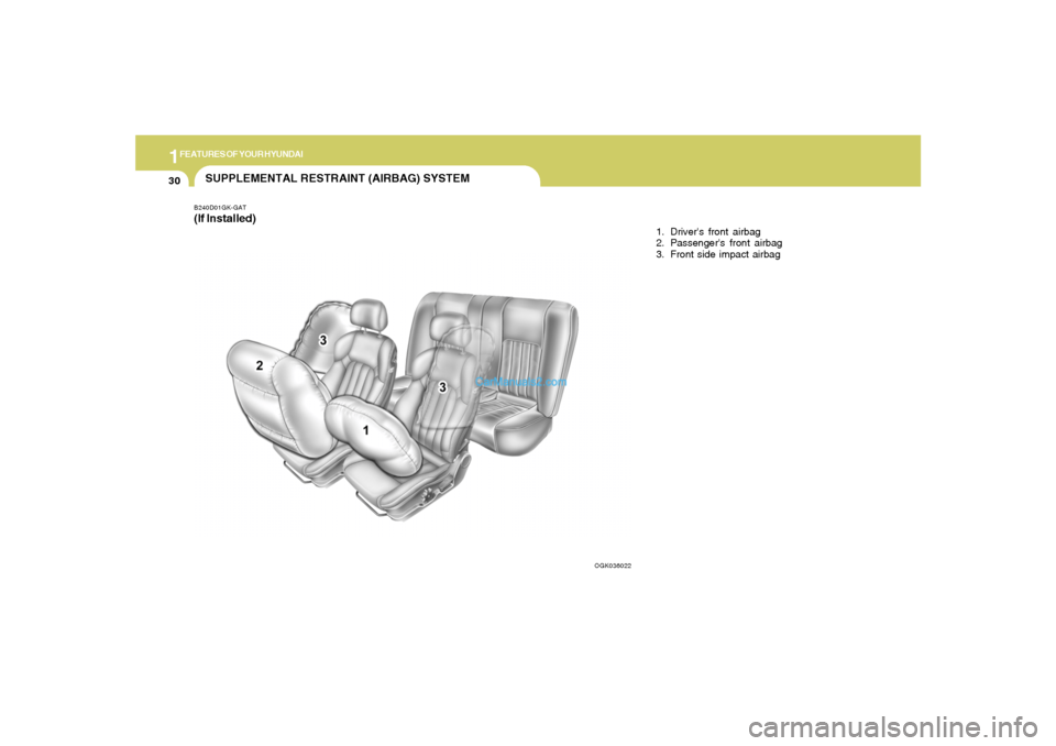Hyundai Tiburon 2008  Owners Manual 1FEATURES OF YOUR HYUNDAI30
B240D01GK-GAT(If Installed)SUPPLEMENTAL RESTRAINT (AIRBAG) SYSTEM
1. Drivers front airbag
2. Passengers front airbag
3. Front side impact airbag
OGK036022  