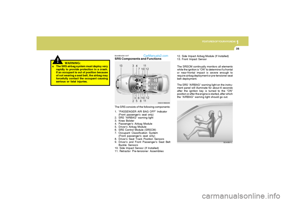 Hyundai Tiburon 2008  Owners Manual 1
FEATURES OF YOUR HYUNDAI
35
!
WARNING:
o The SRS airbag system must deploy very
rapidly to provide protection in a crash.
If an occupant is out of position because
of not wearing a seat belt, the ai