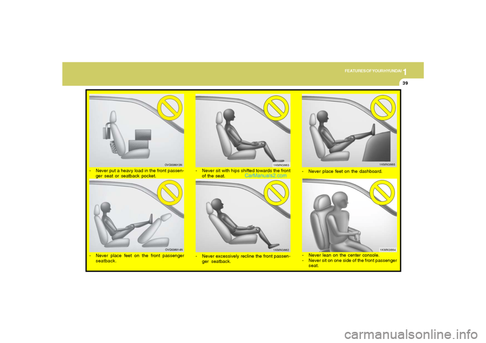 Hyundai Tiburon 2008  Owners Manual 1
FEATURES OF YOUR HYUNDAI
39
- Never excessively recline the front passen-
ger seatback.
1KMN3665
1KMN3662
- Never place feet on the dashboard.
- Never sit with hips shifted towards the front
of the 