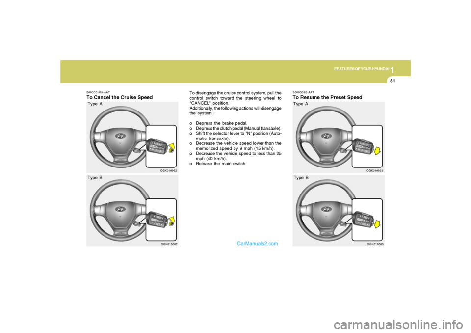 Hyundai Tiburon 2008  Owners Manual 1
FEATURES OF YOUR HYUNDAI
81
B660D01E-AATTo Resume the Preset Speed
OGK016663
B660C01GK-AATTo Cancel the Cruise Speed
To disengage the cruise control system, pull the
control switch toward the steeri