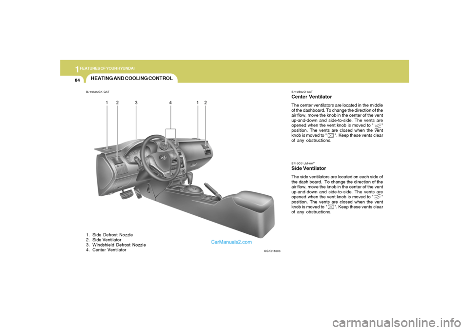 Hyundai Tiburon 2008  Owners Manual 1FEATURES OF YOUR HYUNDAI84
HEATING AND COOLING CONTROLB710A02GK-GAT1. Side Defrost Nozzle
2. Side Ventilator
3. Windshield Defrost Nozzle
4. Center Ventilator
OGK016003B710B02O-AAT
Center VentilatorT