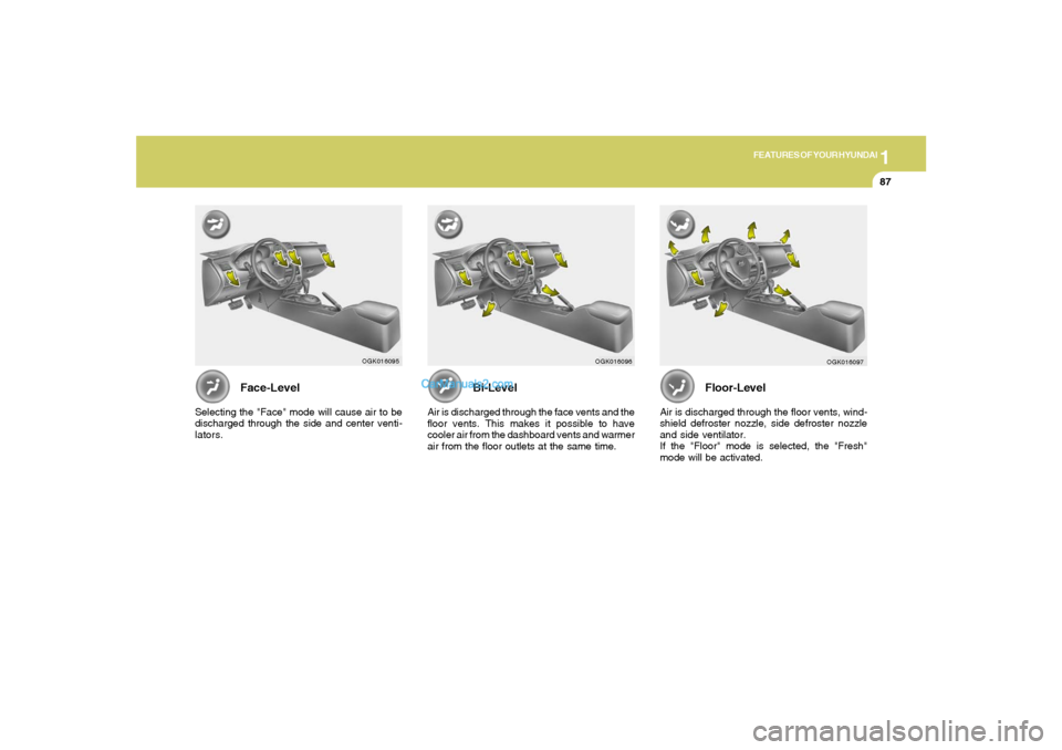 Hyundai Tiburon 2008  Owners Manual 1
FEATURES OF YOUR HYUNDAI
87
Face-Level
Selecting the "Face" mode will cause air to be
discharged through the side and center venti-
lators.
Bi-Level
Air is discharged through the face vents and the
