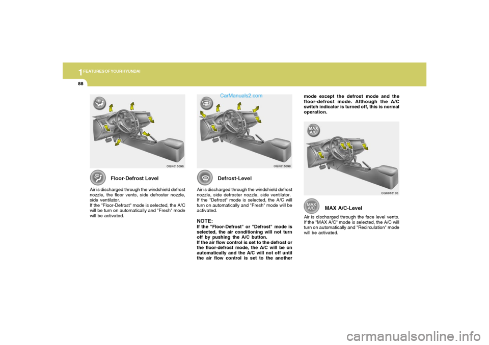 Hyundai Tiburon 2008  Owners Manual 1FEATURES OF YOUR HYUNDAI88
MAX A/C-Level
Air is discharged through the face level vents.
If the "MAX A/C" mode is selected, the A/C will
turn on automatically and "Recirculation" mode
will be activat