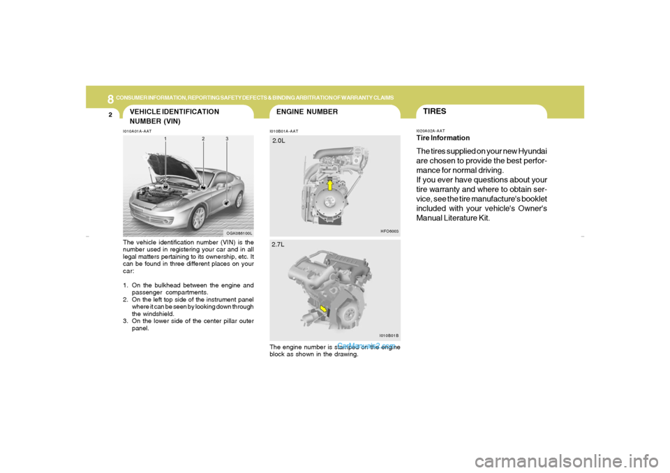 Hyundai Tiburon 2007  Owners Manual 8
CONSUMER INFORMATION, REPORTING SAFETY DEFECTS & BINDING ARBITRATION OF WARRANTY CLAIMS2
ENGINE NUMBER
VEHICLE IDENTIFICATION
NUMBER (VIN)
I010B01A-AAT I010A01A-AAT
The vehicle identification number