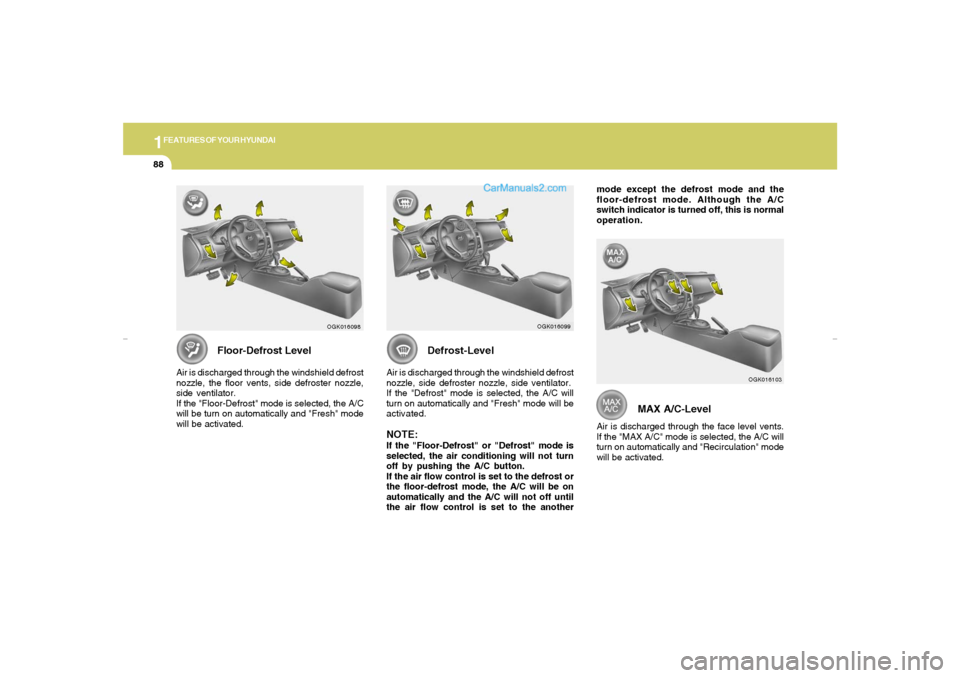 Hyundai Tiburon 2007 Owners Manual 1FEATURES OF YOUR HYUNDAI88
MAX A/C-Level
Air is discharged through the face level vents.
If the "MAX A/C" mode is selected, the A/C will
turn on automatically and "Recirculation" mode
will be activat Hyundai Tiburon 2007 Owners Manual 1FEATURES OF YOUR HYUNDAI88
MAX A/C-Level
Air is discharged through the face level vents.
If the "MAX A/C" mode is selected, the A/C will
turn on automatically and "Recirculation" mode
will be activat