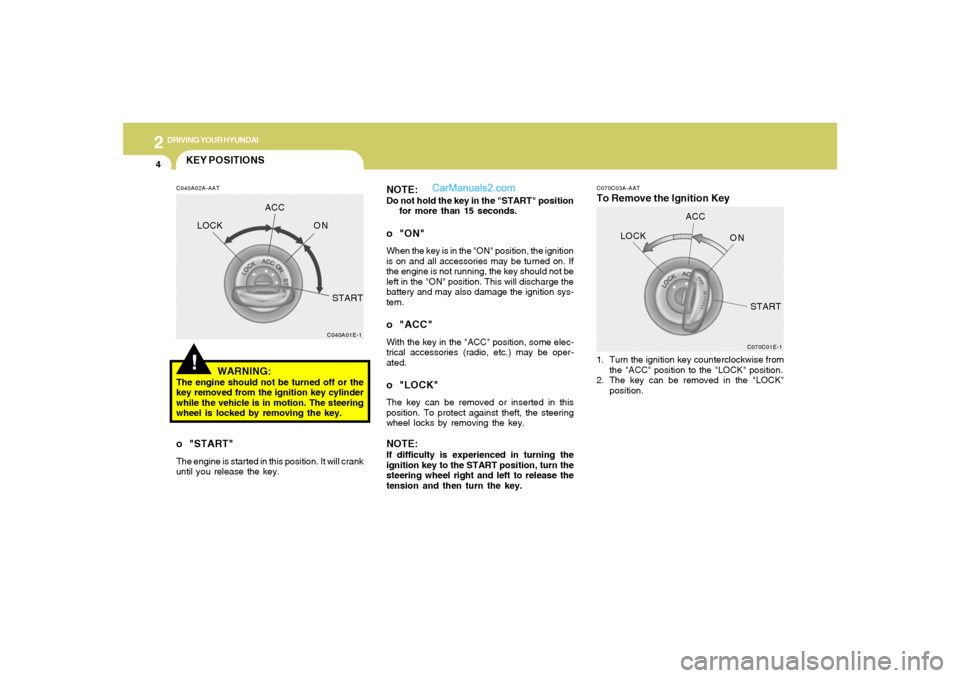 Hyundai Tiburon 2006  Owners Manual 2
DRIVING YOUR HYUNDAI
4
C070C03A-AATTo Remove the Ignition Key NOTE:
Do not hold the key in the "START" position
for more than 15 seconds.o "ON"When the key is in the "ON" position, the ignition
is o