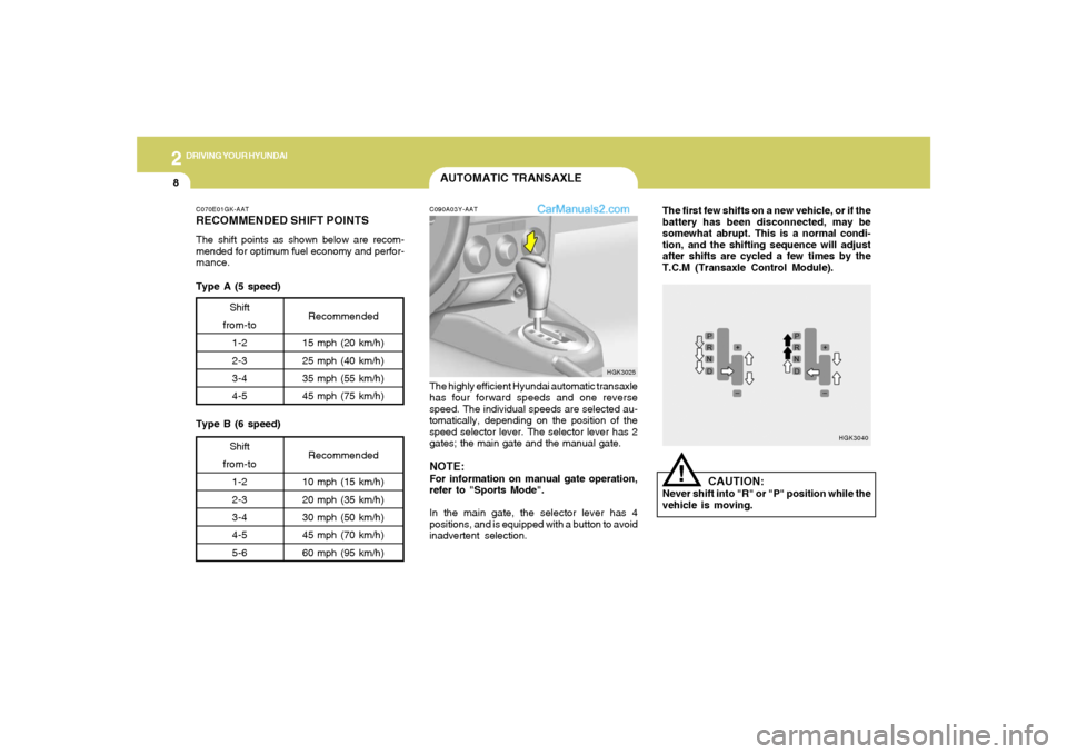 Hyundai Tiburon 2006  Owners Manual 2
DRIVING YOUR HYUNDAI
8
The first few shifts on a new vehicle, or if the
battery has been disconnected, may be
somewhat abrupt. This is a normal condi-
tion, and the shifting sequence will adjust
aft