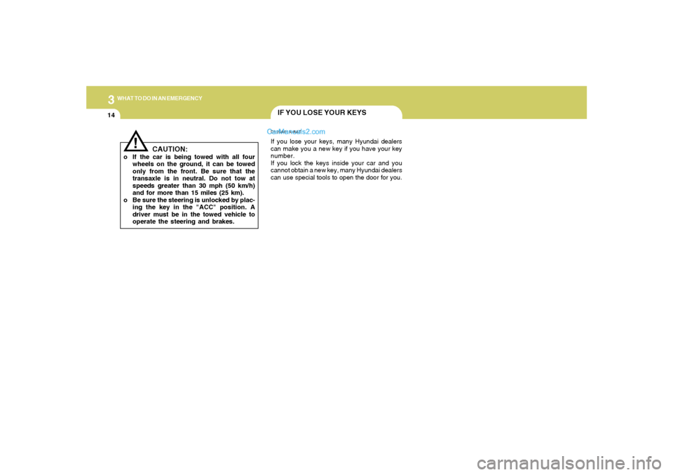 Hyundai Tiburon 2006  Owners Manual 314
WHAT TO DO IN AN EMERGENCY
IF YOU LOSE YOUR KEYSD120A01A-AATIf you lose your keys, many Hyundai dealers
can make you a new key if you have your key
number.
If you lock the keys inside your car and