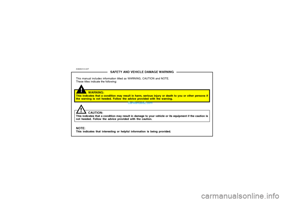 Hyundai Tiburon 2006  Owners Manual A090A01A-AAT
SAFETY AND VEHICLE DAMAGE WARNING
This manual includes information titled as WARNING, CAUTION and NOTE.
These titles indicate the following:
WARNING:
This indicates that a condition may r