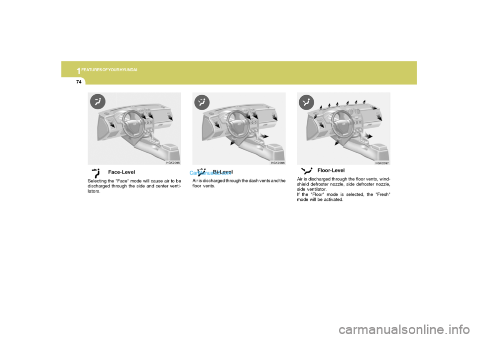 Hyundai Tiburon 2006  Owners Manual 1FEATURES OF YOUR HYUNDAI74
Face-Level
Selecting the "Face" mode will cause air to be
discharged through the side and center venti-
lators.
Bi-Level
Air is discharged through the dash vents and the
fl