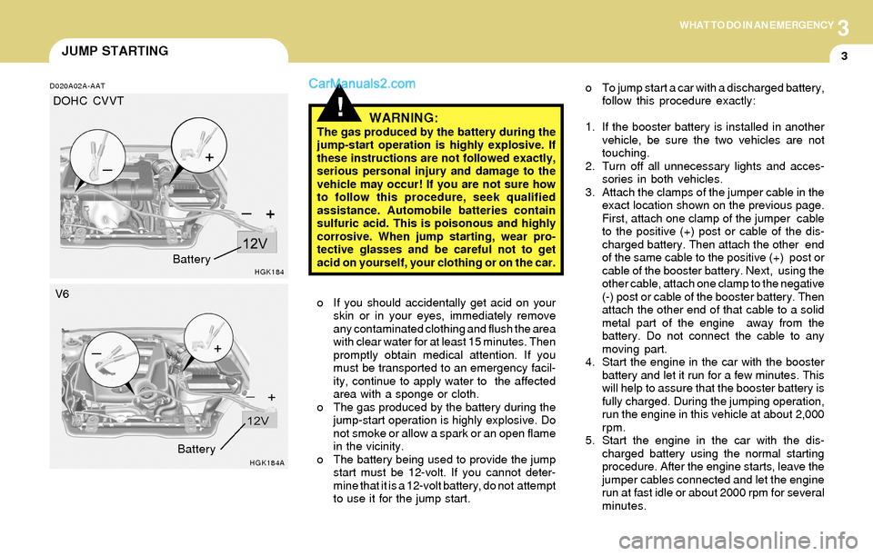 Hyundai Tiburon 2004  Owners Manual 3WHAT TO DO IN AN EMERGENCY
3JUMP STARTING
!
o To jump start a car with a discharged battery,
follow this procedure exactly:
1. If the booster battery is installed in another
vehicle, be sure the two 