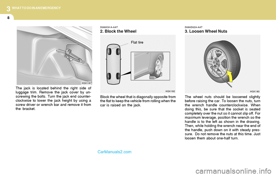 Hyundai Tiburon 2004  Owners Manual 3
8
WHAT TO DO IN AN EMERGENCY
D060C01A-AAT
2. Block the Wheel
Block the wheel that is diagonally opposite from
the flat to keep the vehicle from rolling when the
car is raised on the jack.
HGK192
Fla