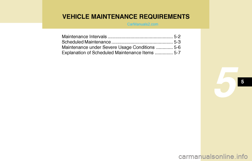 Hyundai Tiburon 2004  Owners Manual VEHICLE MAINTENANCE REQUIREMENTS
5
Maintenance Intervals ................................................... 5-2
Scheduled Maintenance ................................................ 5-3
Maintenance 