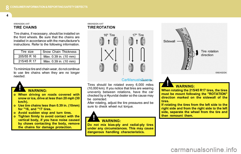 Hyundai Tiburon 2004 Owners Manual 8CONSUMER INFORMATION & REPORTING SAFETY DEFECTS
4
!
I060A02GK-AAT
TIRE ROTATION
Tires should be rotated every 6,000 miles
(10,000 km). If you notice that tires are wearing
unevenly between rotations, Hyundai Tiburon 2004 Owners Manual 8CONSUMER INFORMATION & REPORTING SAFETY DEFECTS
4
!
I060A02GK-AAT
TIRE ROTATION
Tires should be rotated every 6,000 miles
(10,000 km). If you notice that tires are wearing
unevenly between rotations,