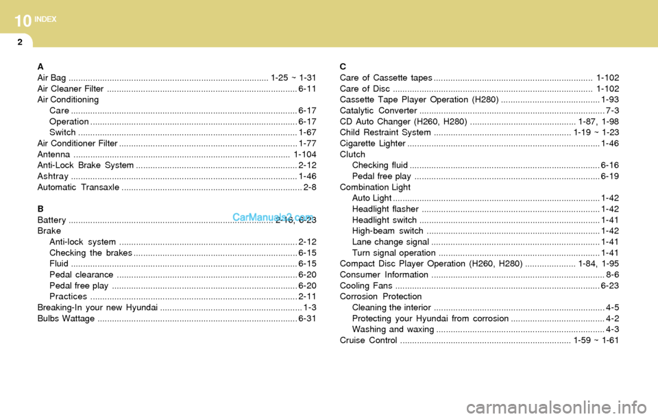 Hyundai Tiburon 2004  Owners Manual 10INDEX
2
A
Air Bag................................................................................... 1-25 ~ 1-31
Air Cleaner Filter ..................................................................