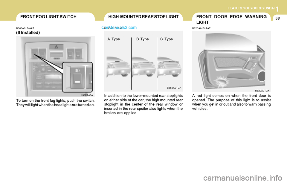 Hyundai Tiburon 2004  Owners Manual 1FEATURES OF YOUR HYUNDAI
53FRONT FOG LIGHT SWITCHFRONT DOOR EDGE WARNING
LIGHT
B620A01S-AAT
A red light comes on when the front door is
opened. The purpose of this light is to assist
when you get in 