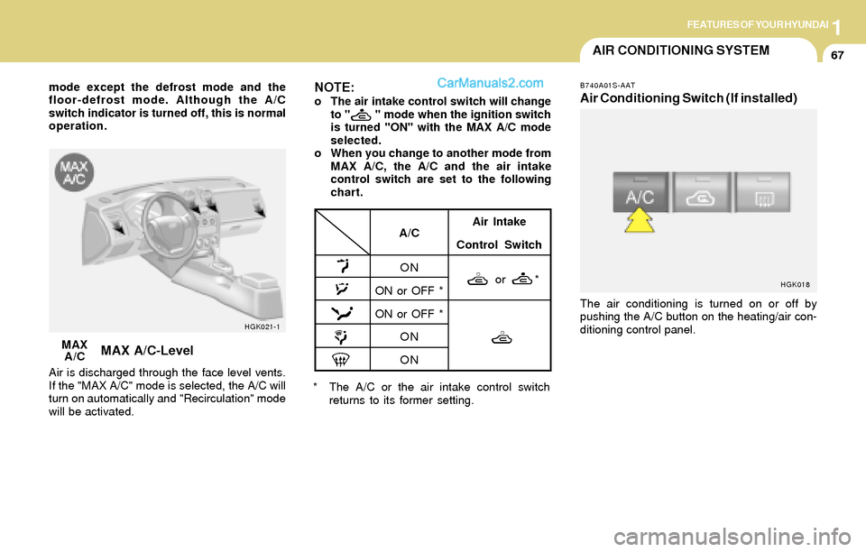 Hyundai Tiburon 2004  Owners Manual 1FEATURES OF YOUR HYUNDAI
67AIR CONDITIONING SYSTEM
MAX A/C-Level
Air is discharged through the face level vents.
If the "MAX A/C" mode is selected, the A/C will
turn on automatically and "Recirculati