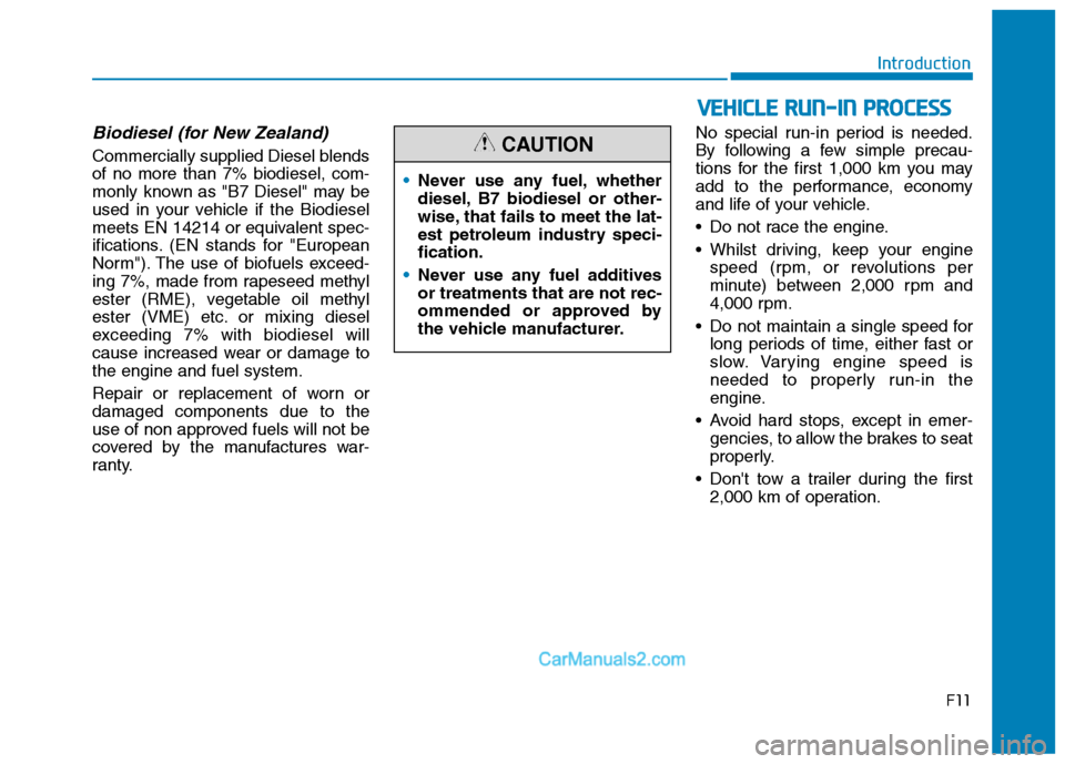 Hyundai Tucson 2020 Owners Manual - RHD (UK, Australia) F11
Introduction
Biodiesel (for New Zealand)
Commercially supplied Diesel blends
of no more than 7% biodiesel, com-
monly known as "B7 Diesel" may be
used in your vehicle if the Biodiesel
meets EN 142 Hyundai Tucson 2020 Owners Manual - RHD (UK, Australia) F11
Introduction
Biodiesel (for New Zealand)
Commercially supplied Diesel blends
of no more than 7% biodiesel, com-
monly known as "B7 Diesel" may be
used in your vehicle if the Biodiesel
meets EN 142