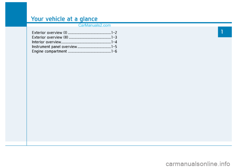 Hyundai Tucson 2020  Owners Manual - RHD (UK, Australia) Your vehicle at a glance
1
Your vehicle at a glance
1Exterior overview (I) .............................................1-2
Exterior overview (II) ............................................1-3
Inter