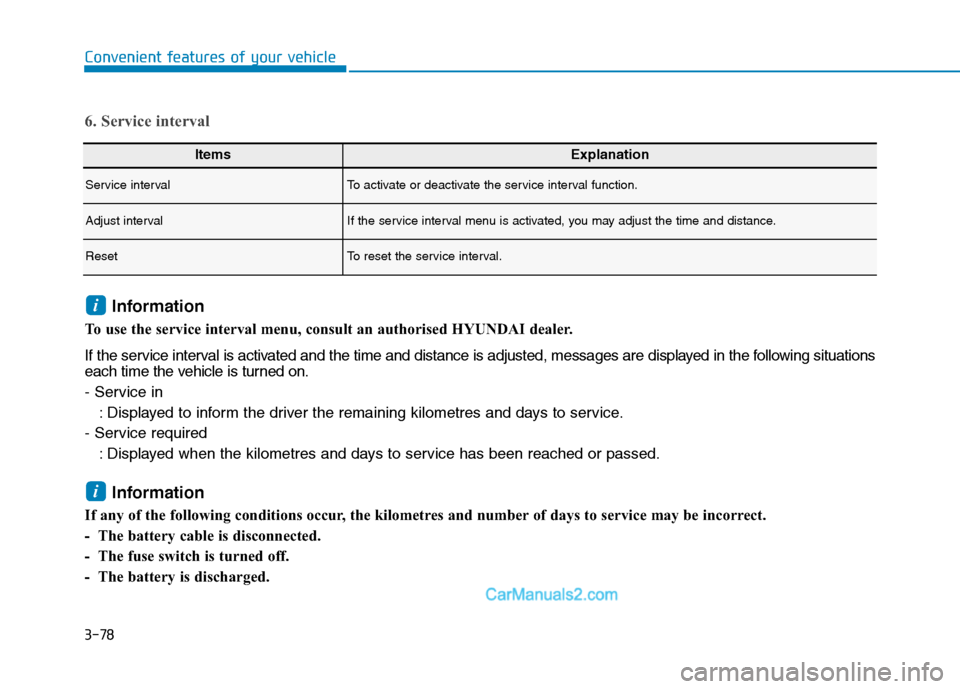 Hyundai Tucson 2020  Owners Manual - RHD (UK, Australia) 3-78
Convenient features of your vehicle
ItemsExplanation
Service intervalTo activate or deactivate the service interval function.
Adjust intervalIf the service interval menu is activated, you may adj