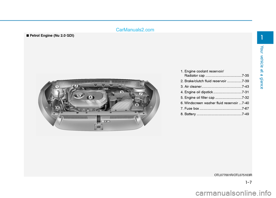 Hyundai Tucson 2020  Owners Manual - RHD (UK, Australia) 1-7
Your vehicle at a glance
1
1. Engine coolant reservoir/
Radiator cap .....................................7-35
2. Brake/clutch fluid reservoir ...............7-39
3. Air cleaner...................