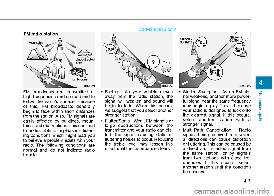 Hyundai Tucson 2020 Owners Manual - RHD (UK, Australia) FM broadcasts are transmitted at
high frequencies and do not bend to
follow the earths surface. Because
of this, FM broadcasts generally
begin to fade within short distances
from the station. Also, F Hyundai Tucson 2020 Owners Manual - RHD (UK, Australia) FM broadcasts are transmitted at
high frequencies and do not bend to
follow the earths surface. Because
of this, FM broadcasts generally
begin to fade within short distances
from the station. Also, F
