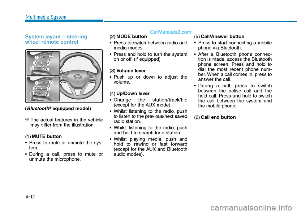 Hyundai Tucson 2020 Owners Manual - RHD (UK, Australia) 4-12
Multimedia System
System layout – steering
wheel remote control
(Bluetooth®equipped model)
❈The actual features in the vehicle
may differ from the illustration.
(1)MUTE button
Press to mute Hyundai Tucson 2020 Owners Manual - RHD (UK, Australia) 4-12
Multimedia System
System layout – steering
wheel remote control
(Bluetooth®equipped model)
❈The actual features in the vehicle
may differ from the illustration.
(1)MUTE button
Press to mute