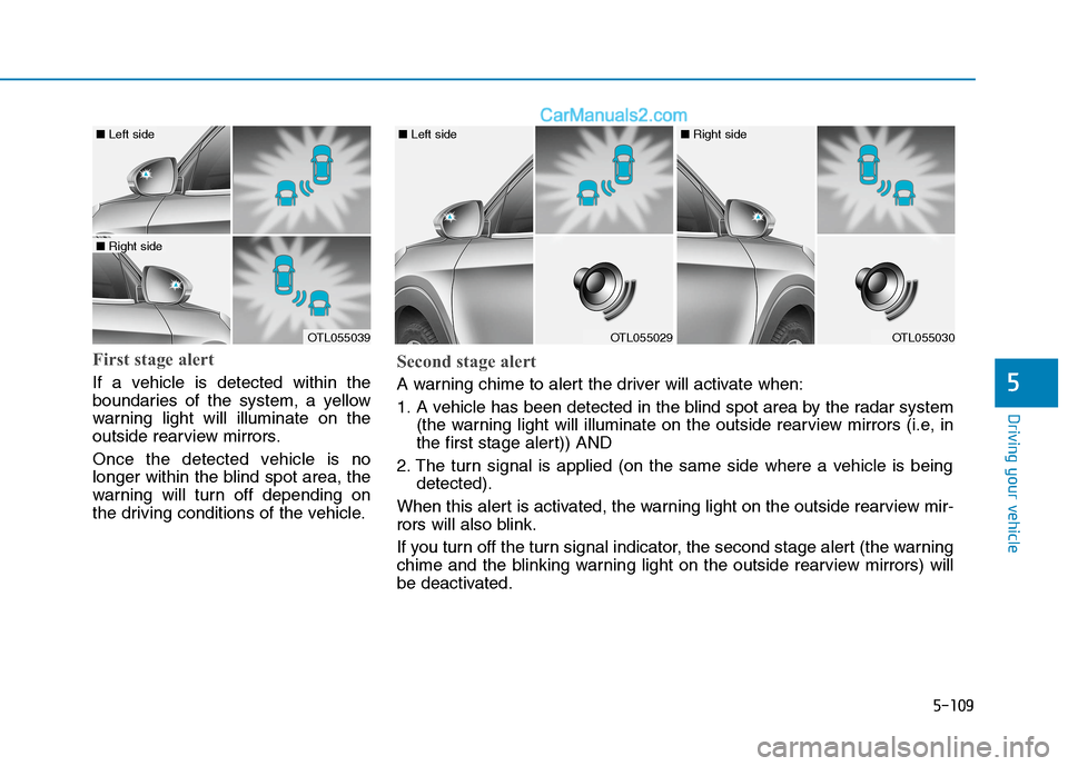 Hyundai Tucson 2020 Owners Manual - RHD (UK, Australia) 5-109
Driving your vehicle
First stage alert
If a vehicle is detected within the
boundaries of the system, a yellow
warning light will illuminate on the
outside rearview mirrors.
Once the detected veh Hyundai Tucson 2020 Owners Manual - RHD (UK, Australia) 5-109
Driving your vehicle
First stage alert
If a vehicle is detected within the
boundaries of the system, a yellow
warning light will illuminate on the
outside rearview mirrors.
Once the detected veh
