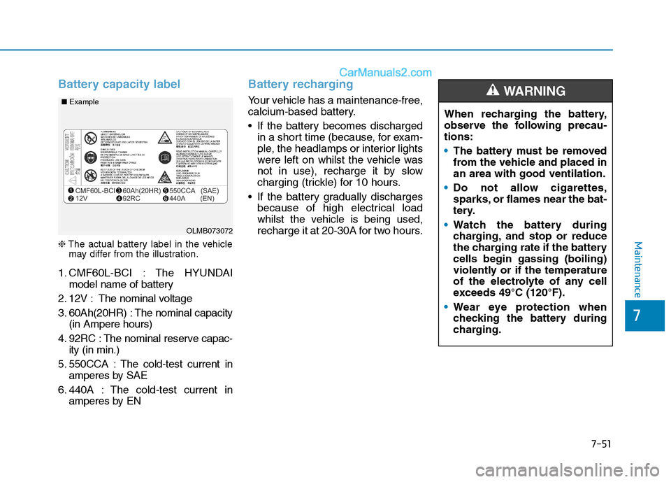 Hyundai Tucson 2020 Owners Manual - RHD (UK, Australia) 7-51
7
Maintenance
Battery capacity label
❈The actual battery label in the vehicle
may differ from the illustration.
1. CMF60L-BCI : The HYUNDAI
model name of battery
2. 12V : The nominal voltage
3 Hyundai Tucson 2020 Owners Manual - RHD (UK, Australia) 7-51
7
Maintenance
Battery capacity label
❈The actual battery label in the vehicle
may differ from the illustration.
1. CMF60L-BCI : The HYUNDAI
model name of battery
2. 12V : The nominal voltage
3