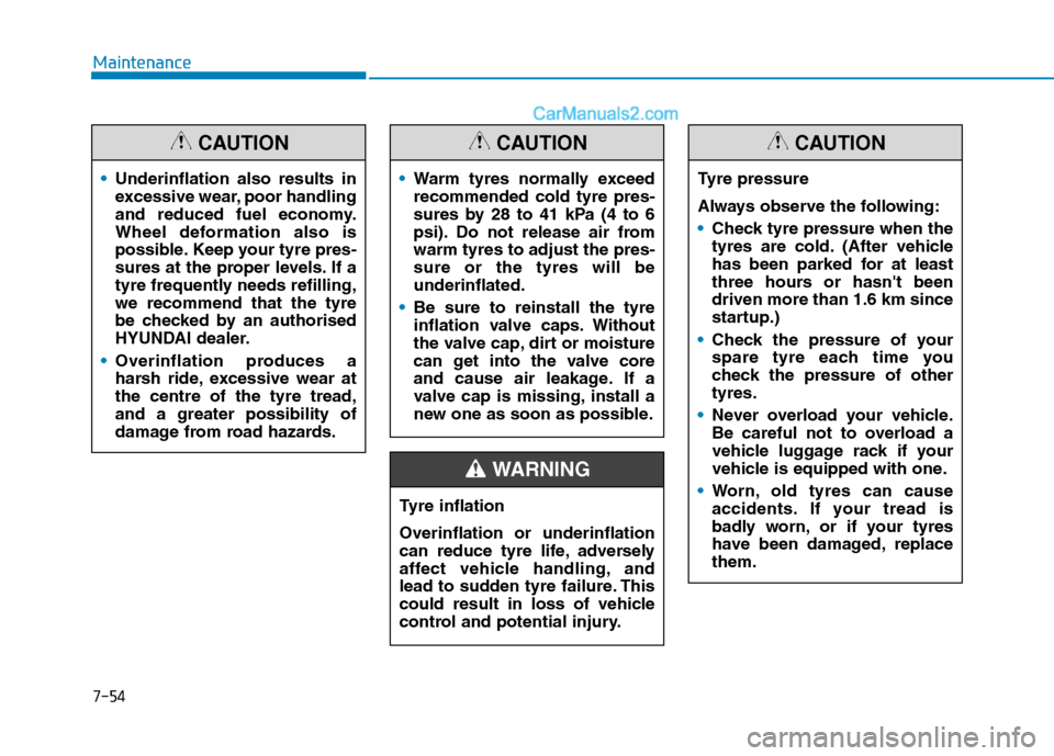 Hyundai Tucson 2020 Owners Manual - RHD (UK, Australia) 7-54
Maintenance
Underinflation also results in
excessive wear, poor handling
and reduced fuel economy.
Wheel deformation also is
possible. Keep your tyre pres-
sures at the proper levels. If a
tyre f Hyundai Tucson 2020 Owners Manual - RHD (UK, Australia) 7-54
Maintenance
Underinflation also results in
excessive wear, poor handling
and reduced fuel economy.
Wheel deformation also is
possible. Keep your tyre pres-
sures at the proper levels. If a
tyre f