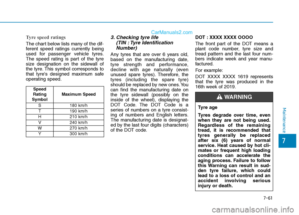 Hyundai Tucson 2020 Owners Manual - RHD (UK, Australia) 7-61
7
Maintenance
Tyre speed ratings
The chart below lists many of the dif-
ferent speed ratings currently being
used for passenger vehicle tyres.
The speed rating is part of the tyre
size designat Hyundai Tucson 2020 Owners Manual - RHD (UK, Australia) 7-61
7
Maintenance
Tyre speed ratings
The chart below lists many of the dif-
ferent speed ratings currently being
used for passenger vehicle tyres.
The speed rating is part of the tyre
size designat
