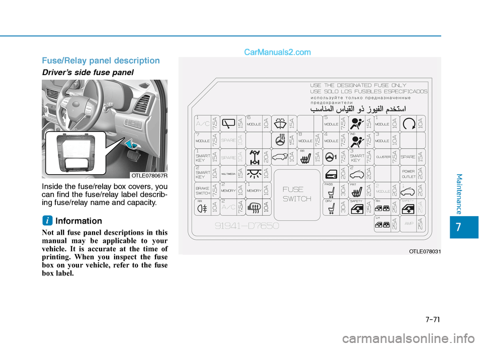 Hyundai Tucson 2020  Owners Manual - RHD (UK, Australia) 7-71
7
Maintenance
Fuse/Relay panel description
Driver’s side fuse panel
Inside the fuse/relay box covers, you
can find the fuse/relay label describ-
ing fuse/relay name and capacity.
Information
No