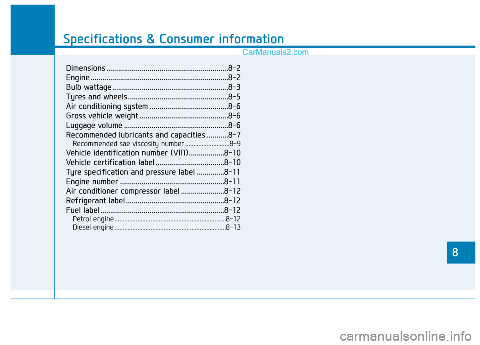 Hyundai Tucson 2020 Owners Manual - RHD (UK, Australia) 8
Specifications & Consumer information
8
Specifications & Consumer information
8
Dimensions ..............................................................8-2
Engine .................................. Hyundai Tucson 2020 Owners Manual - RHD (UK, Australia) 8
Specifications & Consumer information
8
Specifications & Consumer information
8
Dimensions ..............................................................8-2
Engine ..................................