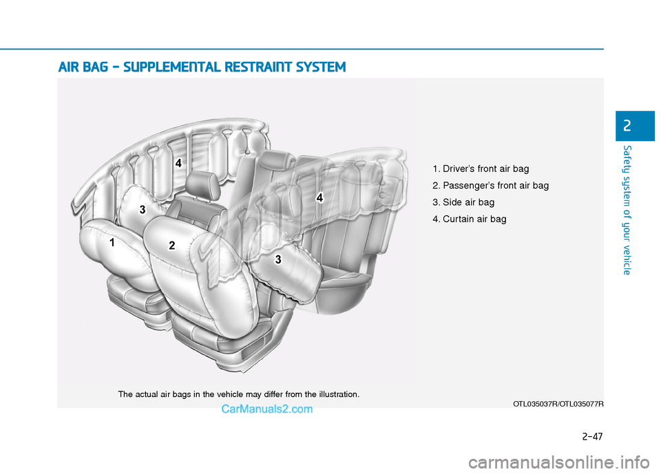 Hyundai Tucson 2020  Owners Manual - RHD (UK, Australia) 2-47
Safety system of your vehicle
A AI
IR
R 
 B
BA
AG
G 
 -
- 
 S
SU
UP
PP
PL
LE
EM
ME
EN
NT
TA
AL
L 
 R
RE
ES
ST
TR
RA
AI
IN
NT
T 
 S
SY
YS
ST
TE
EM
M 
  
 
2
OTL035037R/OTL035077RThe actual air bag