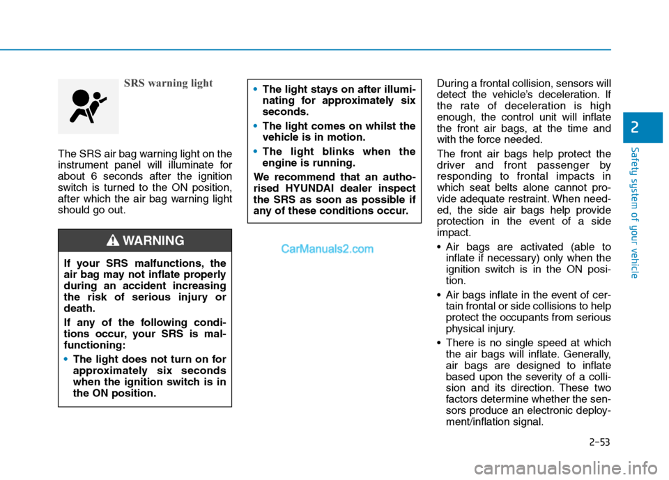 Hyundai Tucson 2020 Owners Manual - RHD (UK, Australia) 2-53
Safety system of your vehicle
2
SRS warning light
The SRS air bag warning light on the
instrument panel will illuminate for
about 6 seconds after the ignition
switch is turned to the ON position, Hyundai Tucson 2020 Owners Manual - RHD (UK, Australia) 2-53
Safety system of your vehicle
2
SRS warning light
The SRS air bag warning light on the
instrument panel will illuminate for
about 6 seconds after the ignition
switch is turned to the ON position,
