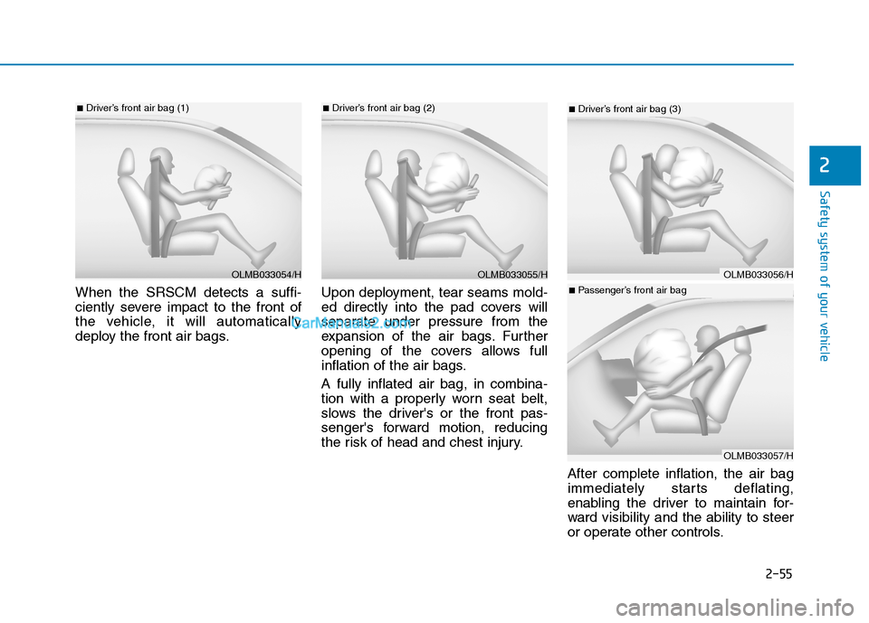 Hyundai Tucson 2020  Owners Manual - RHD (UK, Australia) 2-55
Safety system of your vehicle
2
When the SRSCM detects a suffi-
ciently severe impact to the front of
the vehicle, it will automatically
deploy the front air bags.Upon deployment, tear seams mold