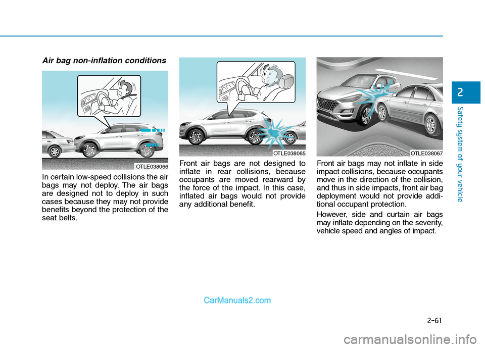 Hyundai Tucson 2020  Owners Manual - RHD (UK, Australia) 2-61
Safety system of your vehicle
2
Air bag non-inflation conditions 
In certain low-speed collisions the air
bags may not deploy. The air bags
are designed not to deploy in such
cases because they m