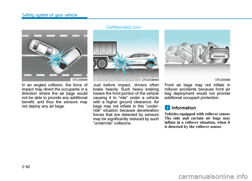 Hyundai Tucson 2020  Owners Manual - RHD (UK, Australia) 2-62
Safety system of your vehicle
In an angled collision, the force of
impact may direct the occupants in a
direction where the air bags would
not be able to provide any additional
benefit, and thus 