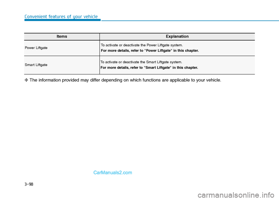 Hyundai Tucson 2019  Owners Manual 3-98
Convenient features of your vehicle
ItemsExplanation
Power LiftgateTo activate or deactivate the Power Liftgate system.
For more details, refer to "Power Liftgate" in this chapter.
Smart Liftgate